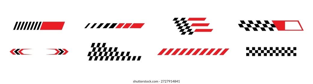 Patrones de rayas y tablero de ajedrez de carreras para temas de velocidad y competencia. Vector de iconos. coche de carreras, símbolo gráfico deportivo. Ilustración vectorial.