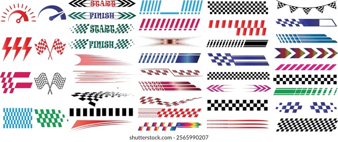 Racing stripe, checkered flag, speed lines and lightning bolt designs ideal for vehicle decals, racing graphics, banners, and motorsport theme projects. Vibrant elements for creative automotive design