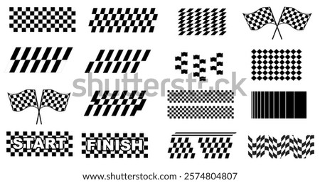 Racing stripe speed vector illustration, star finish flag icons set. 
