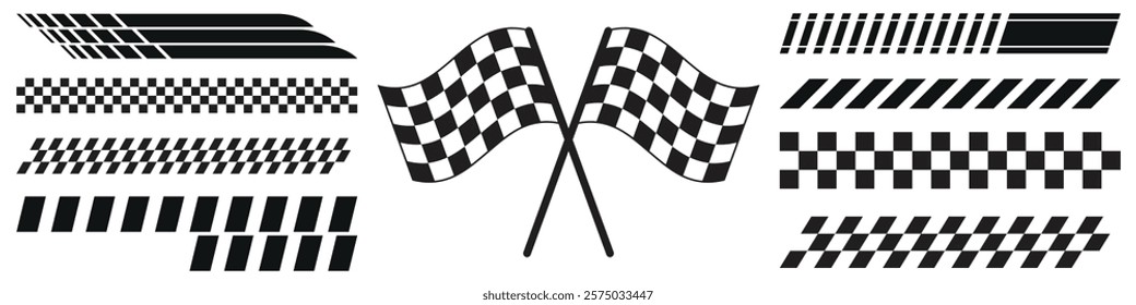 Racing stripe vector set with checkered flag designs for automotive graphics and motorsport themes.