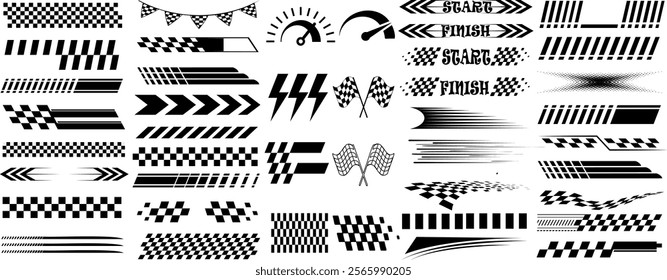 racing stripe vector set, racing flags, checkered patterns, speed lines, arrows, and start finish banners illustration, race element for motorsport designs, race graphics, vector art, and automotive