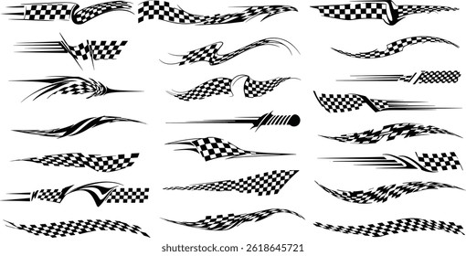 Juego de Vectores de rayas de carreras, Vector de coche de carreras, diseños de banderas a cuadros, velocidad de rayas de carreras, patrones de calcomanías, dinámico