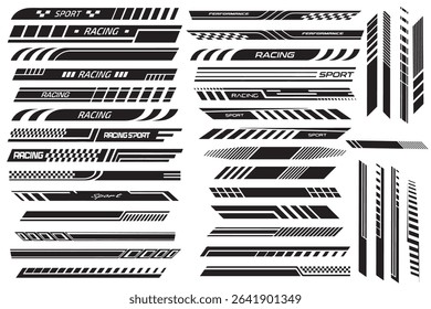 racing stripe vector set, race car vector, checkered flag designs, racing stripe speed, decal patterns, dynamic lines, competition, automotive graphics, black and white finish line motorsport.