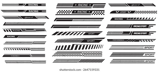 	
racing stripe vector set, race car vector, checkered flag designs, racing stripe speed, decal patterns, dynamic lines, competition, automotive graphics, black and white finish line motorsport.