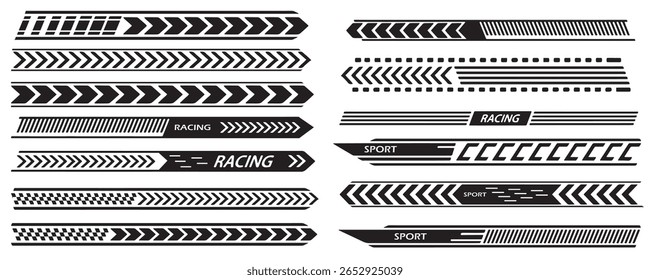 racing stripe vector set, race car vector, checkered flag designs, racing stripe speed, decal patterns, dynamic lines, competition, automotive graphics, black and white finish line motorsport