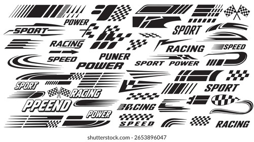 racing stripe vector set, race car vector, checkered flag designs, racing stripe speed, decal patterns, dynamic lines, competition, automotive graphics, black and white finish line motorsport