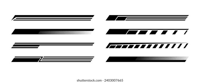 Racing stripes for car tuning pack. Stickers for covering car bodies. Isolated vector illustration on white background.