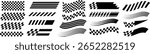 Racing stripes and checkered flags vector set. Dynamic black shapes for speed, automotive graphics, car decals, motorsport branding, and motion design themes. Vector EPS 10