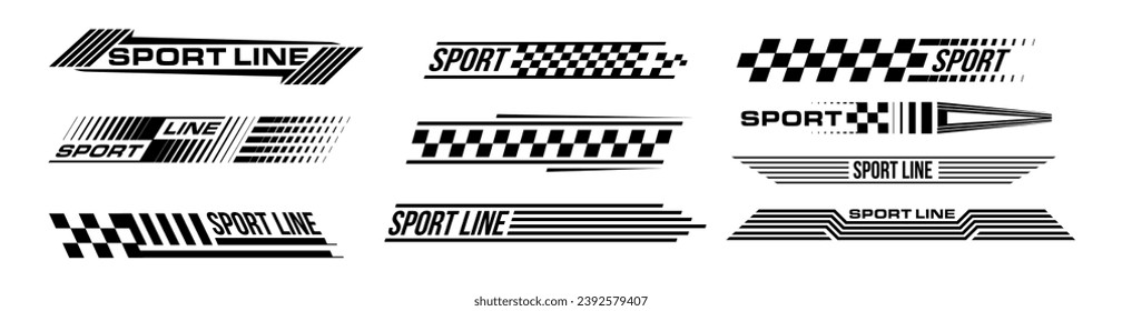 Racing stripes geometric lines design racing car hood sticker, dynamic arrow shapes and lines background for sporting event. racing start and finish flag. vector illustration template for motorsports