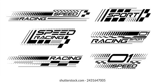 Racing stripes geometric lines design racing car black sticker, dynamic arrow shapes background for sporting event. racing start and finish flag. vector illustration Racing decals for tuning t-shirt 