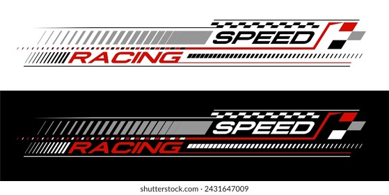 Racing stripes líneas geométricas diseño de coches de carreras etiqueta engomada negra, formas de flecha dinámica fondo rojo evento deportivo. Racing inicio y final bandera. ilustración vectorial Racing calcomanías para ajustar la camiseta 