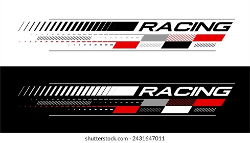 Racing stripes geometric lines design racing car hood sticker, dynamic arrow shapes and lines background for sporting event. racing start and finish flag. vector illustration template for motorsports
