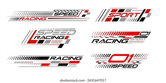 Diseño de líneas geométricas de rayas de carreras de la etiqueta engomada del capó del coche de carreras, formas dinámicas de la flecha y fondo de las líneas para el evento deportivo.
