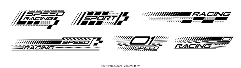 Racing stripes geometric lines design racing car hood sticker, dynamic arrow shapes and lines background for sporting event. racing start and finish flag. vector illustration template for motorsports