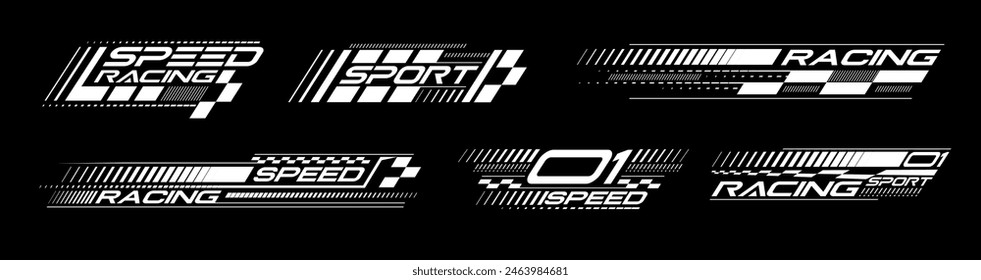 Las líneas geométricas de las rayas de carreras diseñan la etiqueta engomada de la capucha del coche de carreras, las Formas Ilustración vectorial Plantillas dinámicas de la flecha y las líneas de fondo para el acontecimiento deportivo.