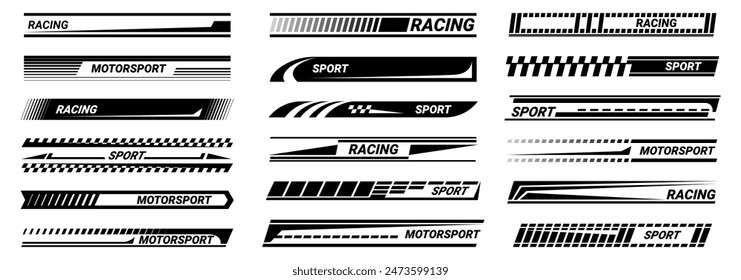 Conjunto de rayas de carreras aisladas con letras. Marca de modificación de carrera moderna de Vector, elegantes calcomanías futuristas techno para coche de bicicleta y motocicleta. Pegatinas de vehículos de motor para sintonizar el automóvil