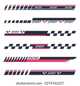 Racing stripes. Sport car, motorcycle, motor boat stickers, vehicle tuning bars flat vector illustration set. Striped tuning sport decals