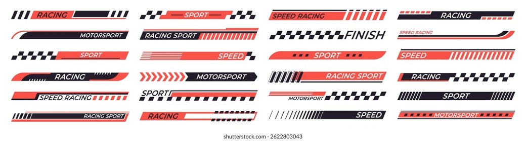 Racing stripes. Sport style stickers for moto auto truck boats. Different vehicle design vinyl elements. Race competition info stripes, racy vector set