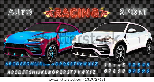Racing Super car\
design concept. Unique modern realistic art. Generic luxury\
automobile. Car presentation on transperent. Vector 3D\
illustration. Neon text RACING,\
SPORT