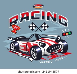 Racing super Auto Typografie T-Shirt Grafik einzeln auf grauem Hintergrund Vektorgrafik.
