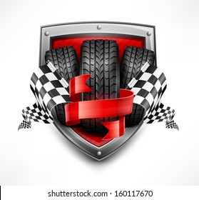 Racing symbols on shield, tires, ribbon and flags, vector illustration