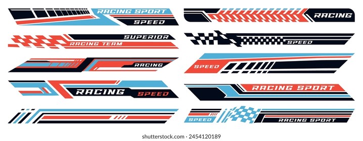 Racing team colorful set stickers with stripes symbolizing speed and readiness to win for motorsports team uniform design vector illustration