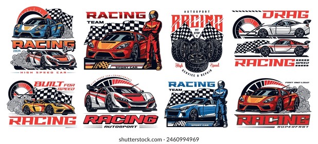 Racing Team bunte Set Aufkleber mit schnellen Autos für Autosport Event mit Drag oder Drift Race Vektorillustration