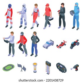 Racing team icons set isometric vector. Stop car. Team tire