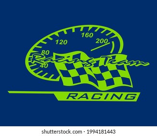 Racing Team Logo Design With Speedometer Icon And Track Flag. Green Color Race Logo Isolated Dark Blue Background. Racing Team Logo Template, For Racing Competitions, Drifting, Motocross And More.