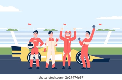 Equipe de corrida no estádio com carro de corrida em segundo plano. Feliz piloto de corrida em uniforme e capacete, vencedores de corrida. Atletas profissionais, cena vetorial