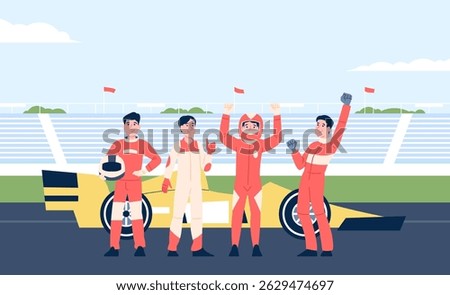 Racing team at stadium with racing car in background. Happy racing driver in uniform and helmet, winners of race. Professional athletes, vector scene