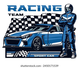 Racing team vintage poster colorful with driver standing with his arms crossed near checkered flag vector illustration