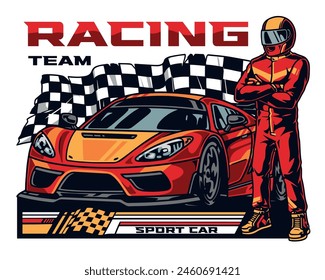 Racing team vintage poster colorful bullite driver standing with arms crossed in clothes to participate in dangerous race vector illustration