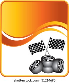 racing tires and checkered flags on orange wave background