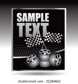 racing tires and checkered flags on black banner