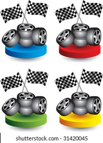 neumáticos de carreras y banderas a cuadros en discos de colores