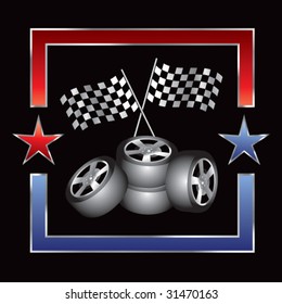 neumáticos de carreras y banderas a cuadros en el fondo de la estrella