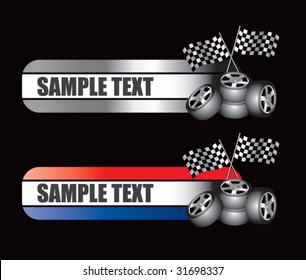 racing tires and checkered flags on specialized banners