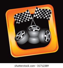 racing tires and checkered flags on tilted banner