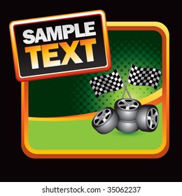 racing tires and checkered flags on halftone template background