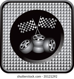 neumáticos de carreras y banderas a cuadros en un interesante botón web
