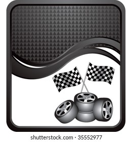 racing tires and checkered flags on modern wave background