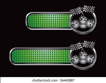 racing tires and checkered flags on diamond textured banners