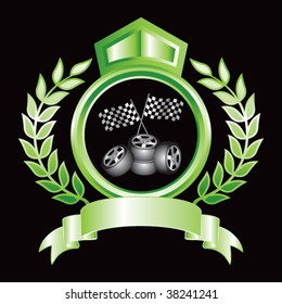 racing tires and flags on royal crest