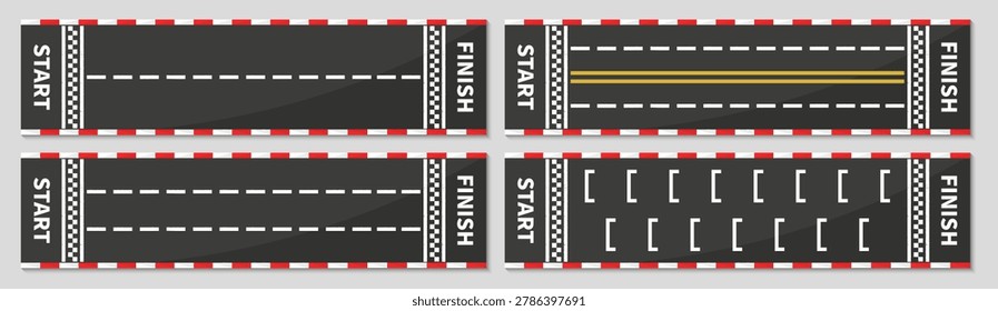 Racing track collection with start and finish lines. Includes road layouts, parking markings and motorsport circuit templates