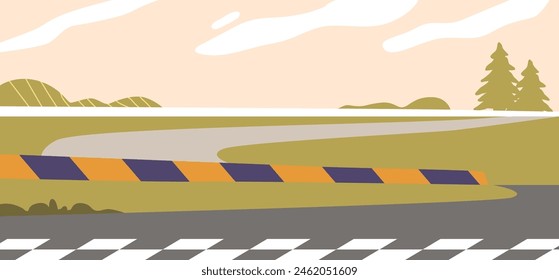 Racing Track with Curved Road Guarded By A Colorful Barrier. Cartoon Vector Background Showcases Rolling Hills