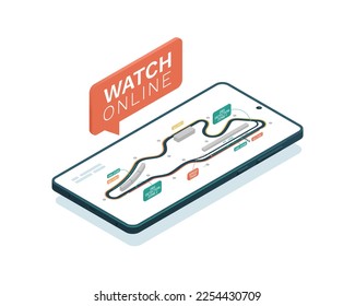 Racing track guide is on an isometric smartphone. Racing circuit scheme. Vector illustration.