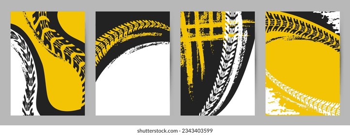 Racing track posters, car or motorbike running inspiring banners. Tire shapes silhouettes, motosport or race neoteric vector background graphic art