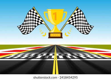 Racing track with Start or Finish line trophy cup race track road winner illustration vector