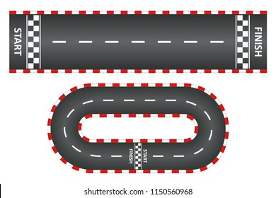 Racing track, top view of asphalt roads set, kart race with start and finish line. Vector illustration.
